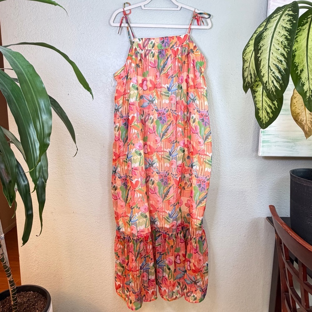 World Market Watercolor Floral Peach Multi Colored Flowy Boho Maxi Dress L XL